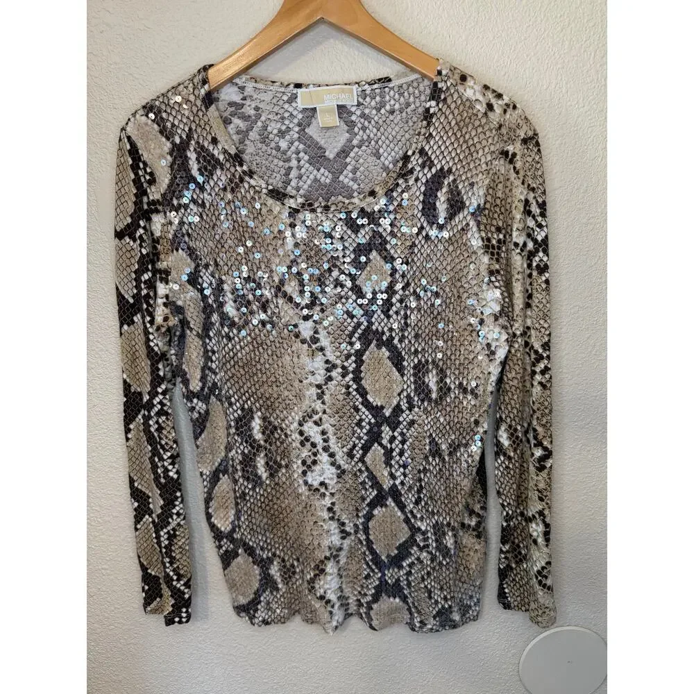 Michael Kors Sneak Print Sequin Jet Set Y2K Long Sleeve Tee Large Brown Glam